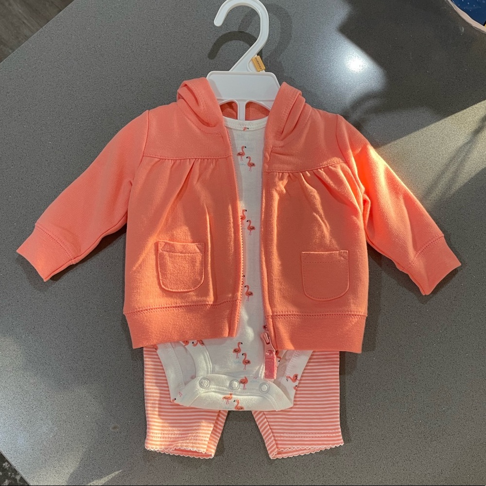 New never worn, newborn girls, flamingo set. With onesies, pants and jacket.